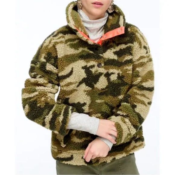 J. Crew Tops - J.Crew Snap Collar Sherpa Fleece Sweatshirt Camo